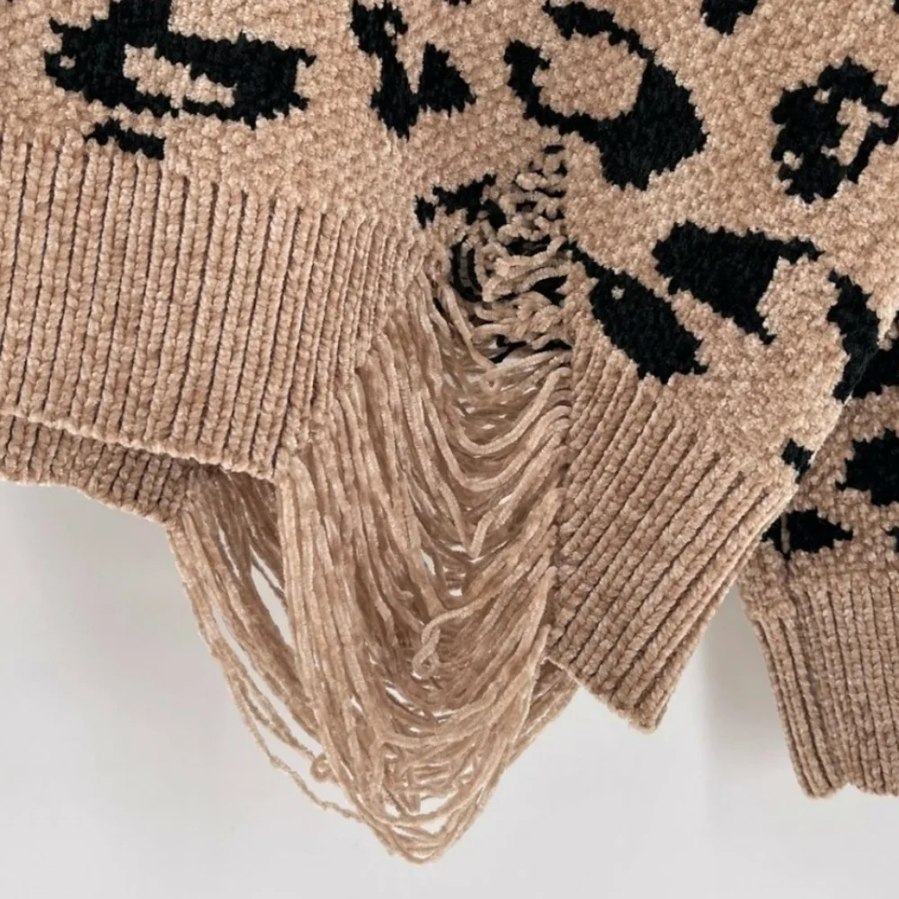 POL Distressed Leopard Chenille Sweater Pullover